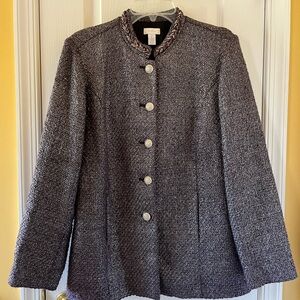 Purple and Silver Jacket.
Pit to Pit 23.5. Shoulder 18. 
Chico’s label is 2.